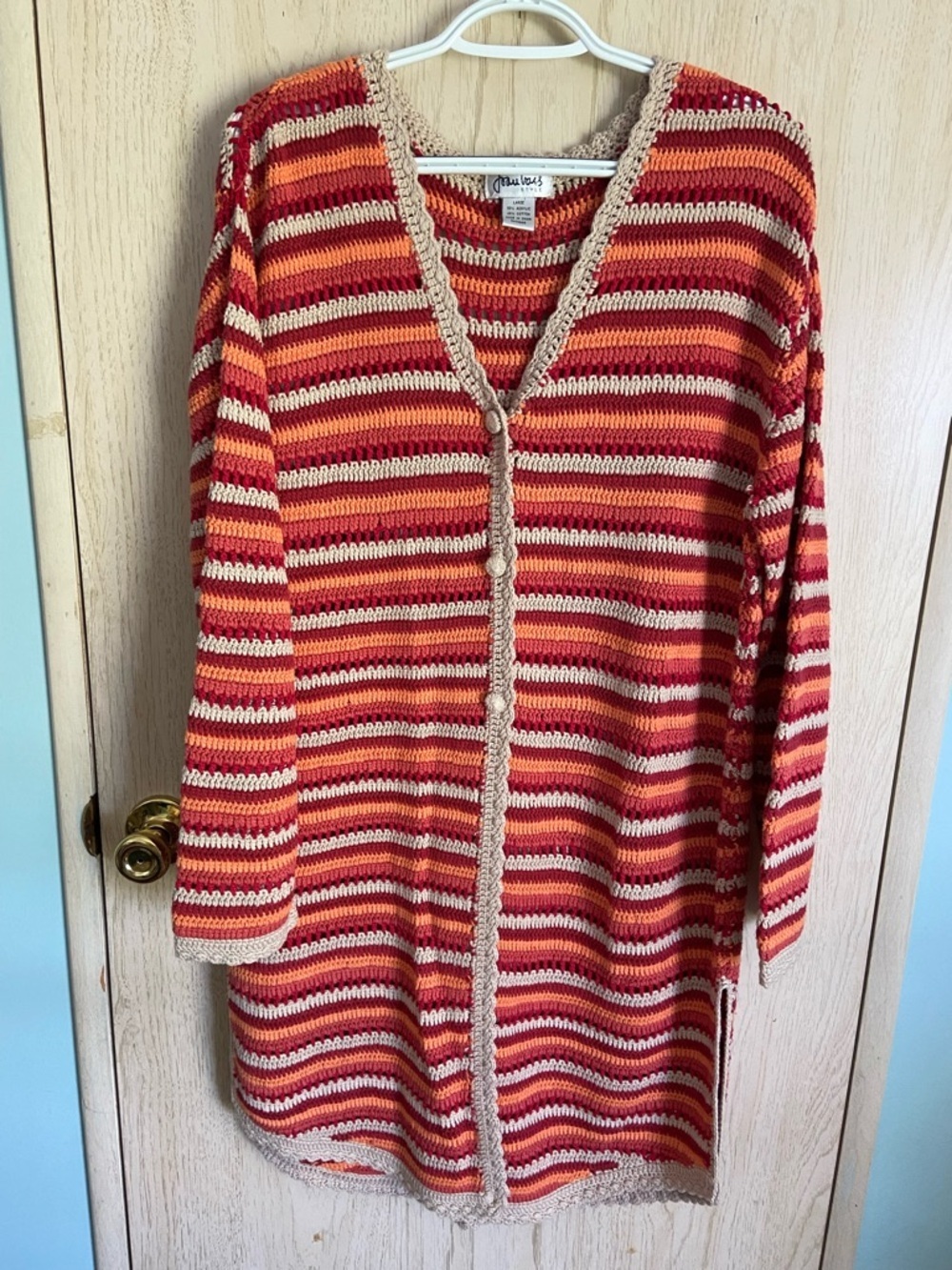 Vintage 90s Joan Vass Red Orange Crochet Knit Striped Duster Cardigan Large